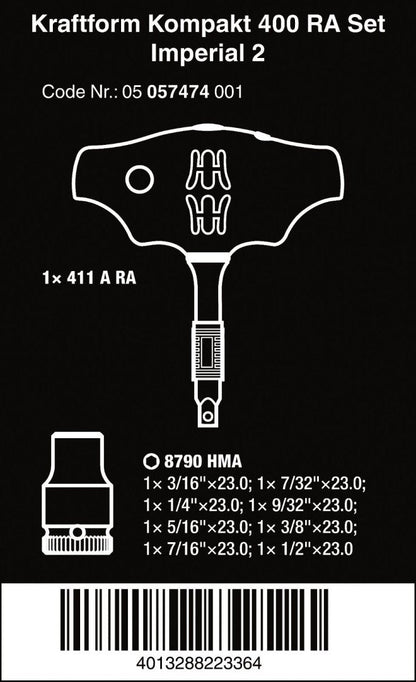 Wera Kraftform Kompakt 400 RA Set 2 Ratcheting T-Handle Set SAE 05057474001