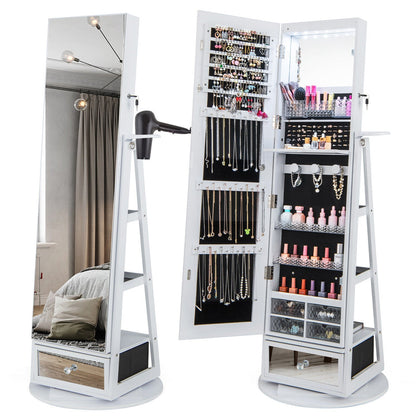 Lockable 360° Swivel Jewelry Cabinet with Full-Length Mirror LED Lights