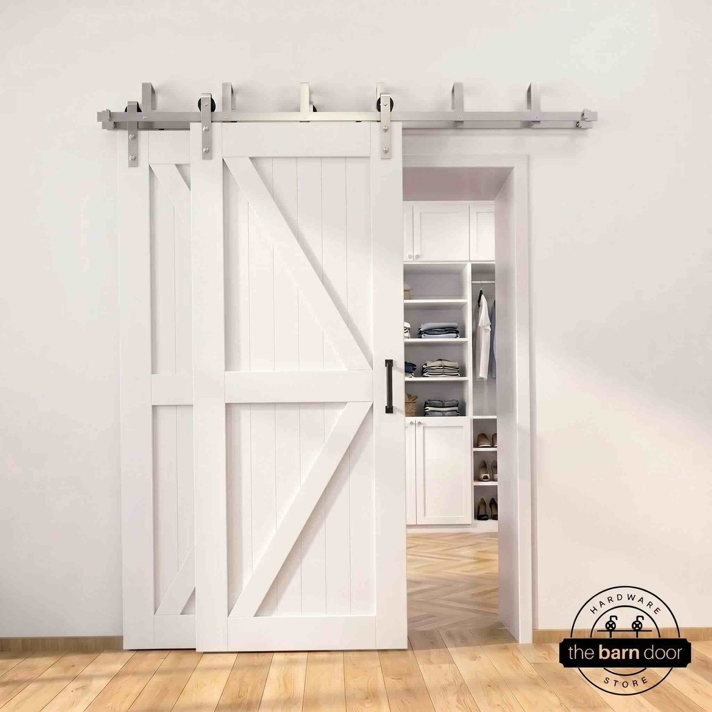 Classic Double Bypass 2 Door Barn Door Kit | Brushed Nickel Hardware