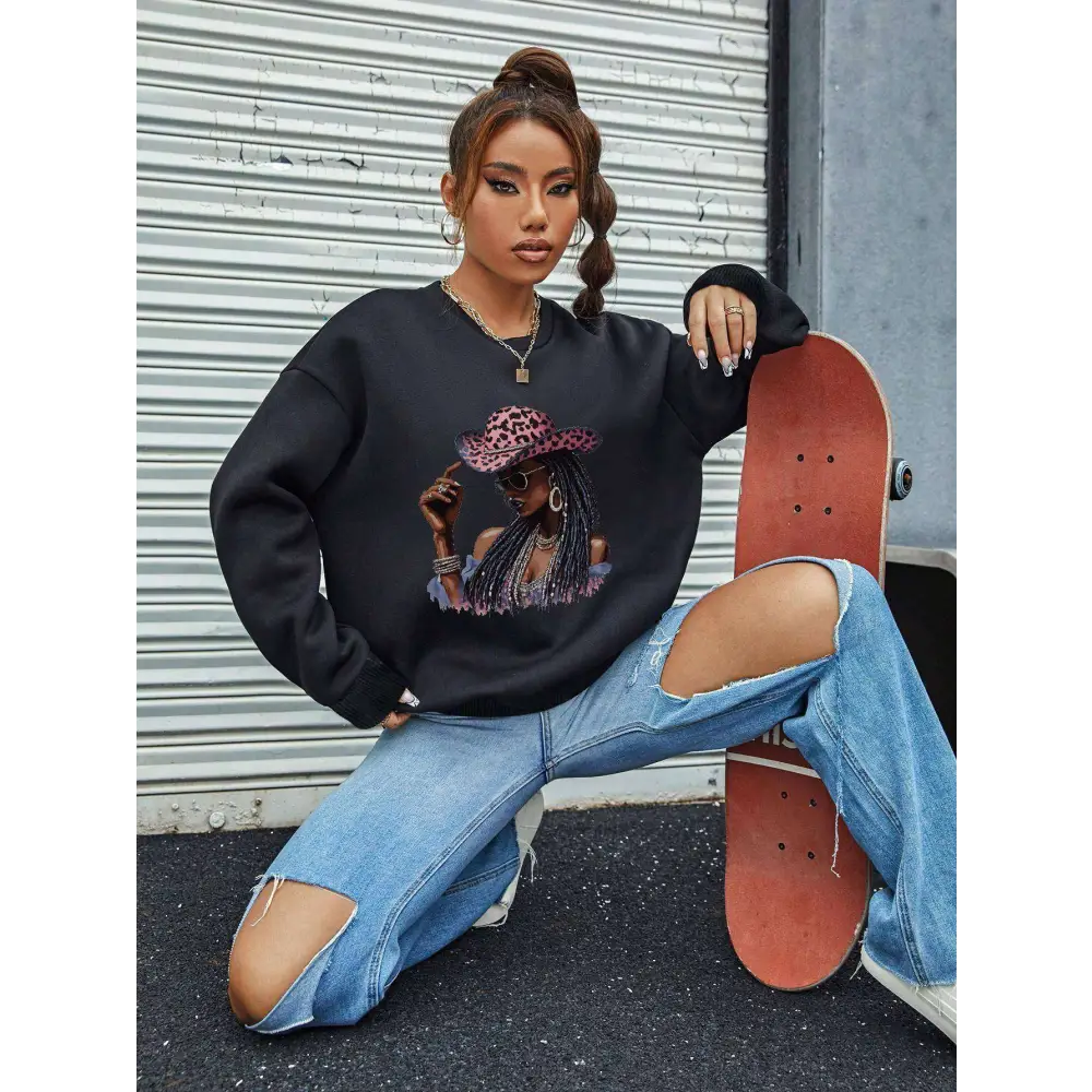 White Graphic Leopard Hat Long Sleeve Sweatshirt