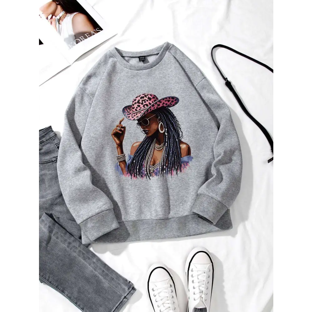 White Graphic Leopard Hat Long Sleeve Sweatshirt