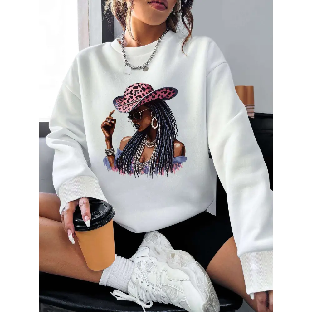 White Graphic Leopard Hat Long Sleeve Sweatshirt