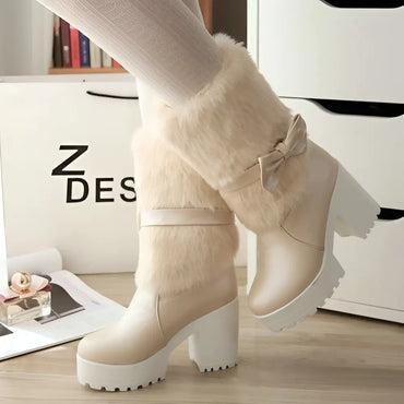 White Platform Sweet Bow Boots with Faux Fur