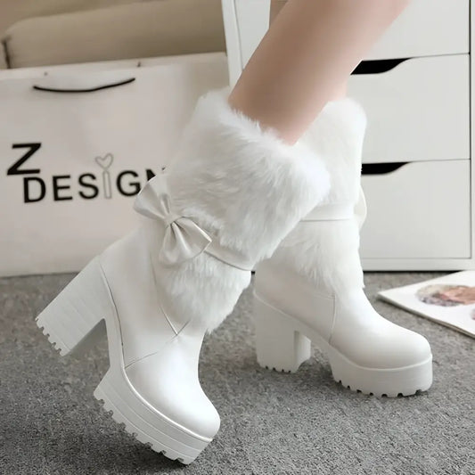 White Platform Sweet Bow Boots with Faux Fur