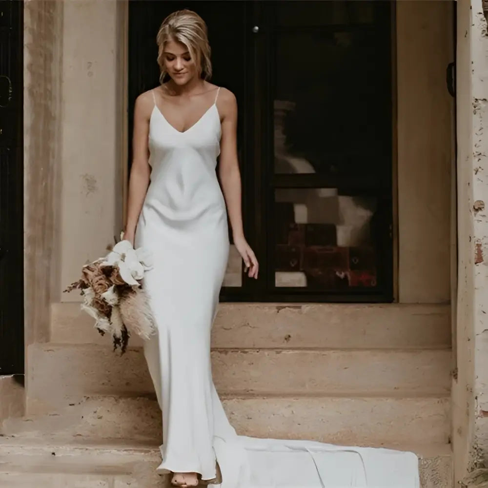White Satin Evening Gown with Train Brigade Shot