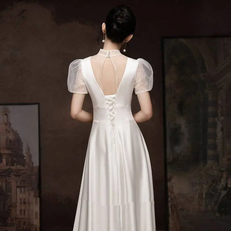 White Satin Puff Sleeve Engagement Wedding Dress