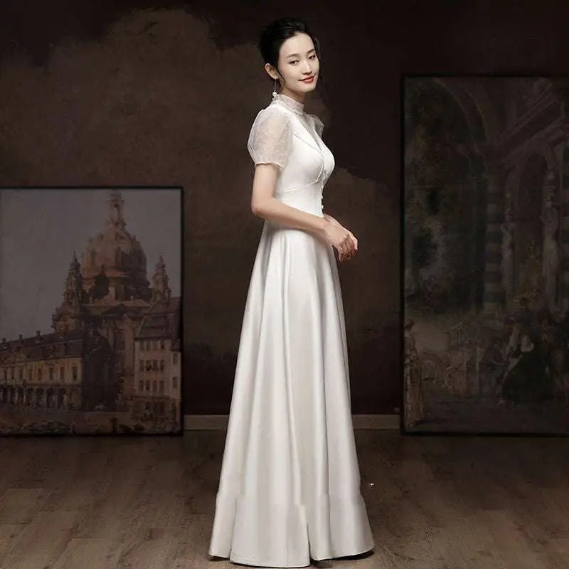 White Satin Puff Sleeve Engagement Wedding Dress