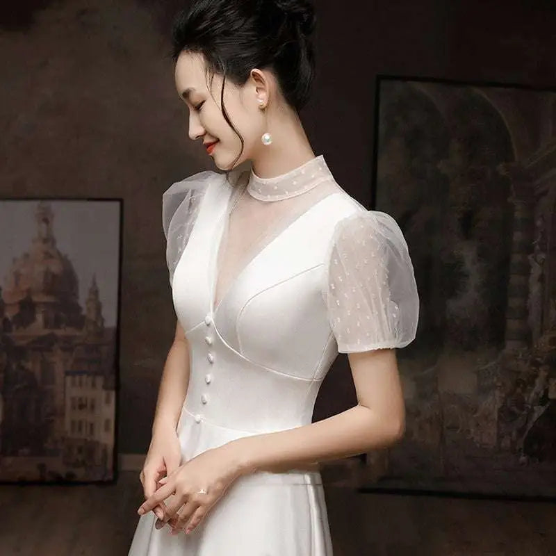 White Satin Puff Sleeve Engagement Wedding Dress