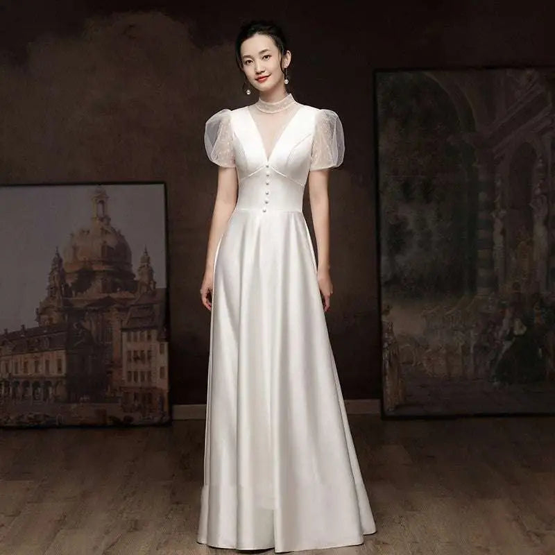 White Satin Puff Sleeve Engagement Wedding Dress