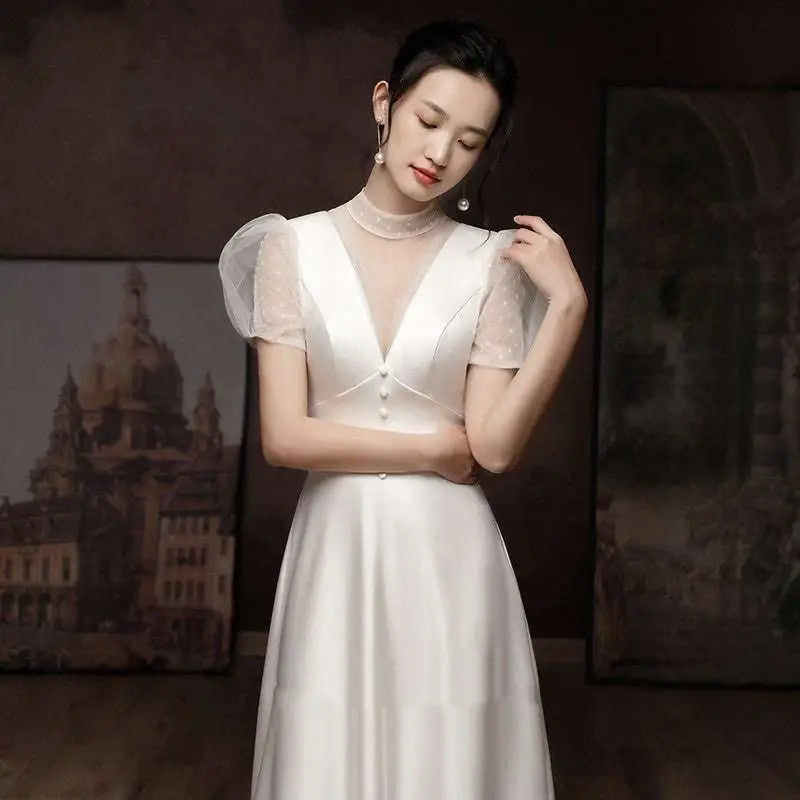 White Satin Puff Sleeve Engagement Wedding Dress