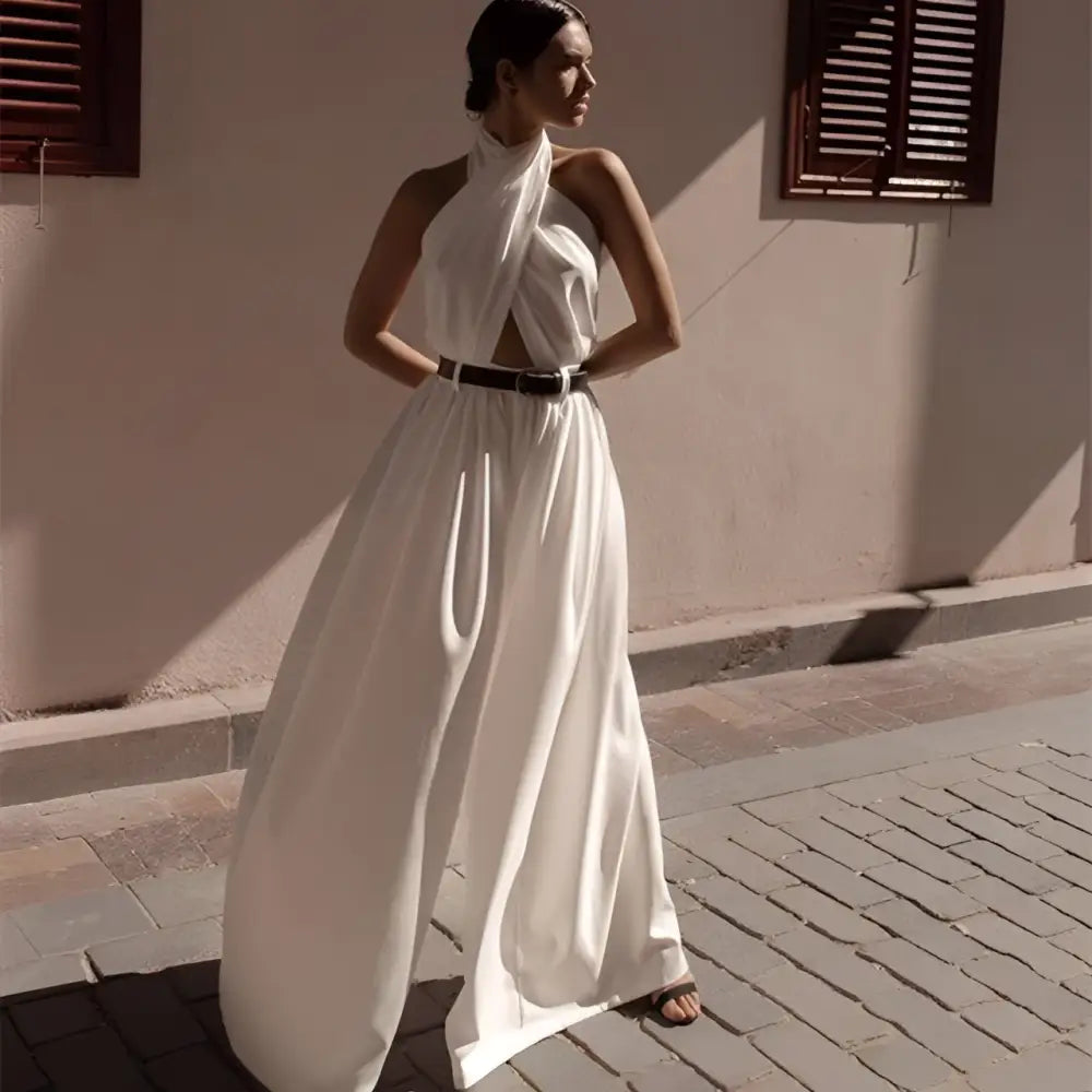 White Sexy Sleeveless Halter Backless Jumpsuit