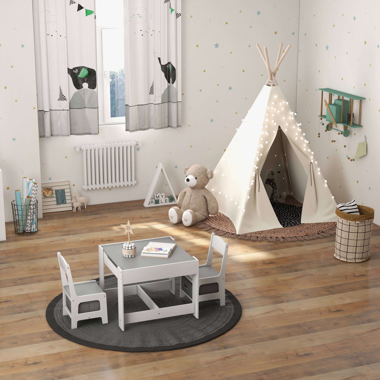 Kids Table Chairs Set With Storage Boxes Blackboard Whiteboard Drawing-White