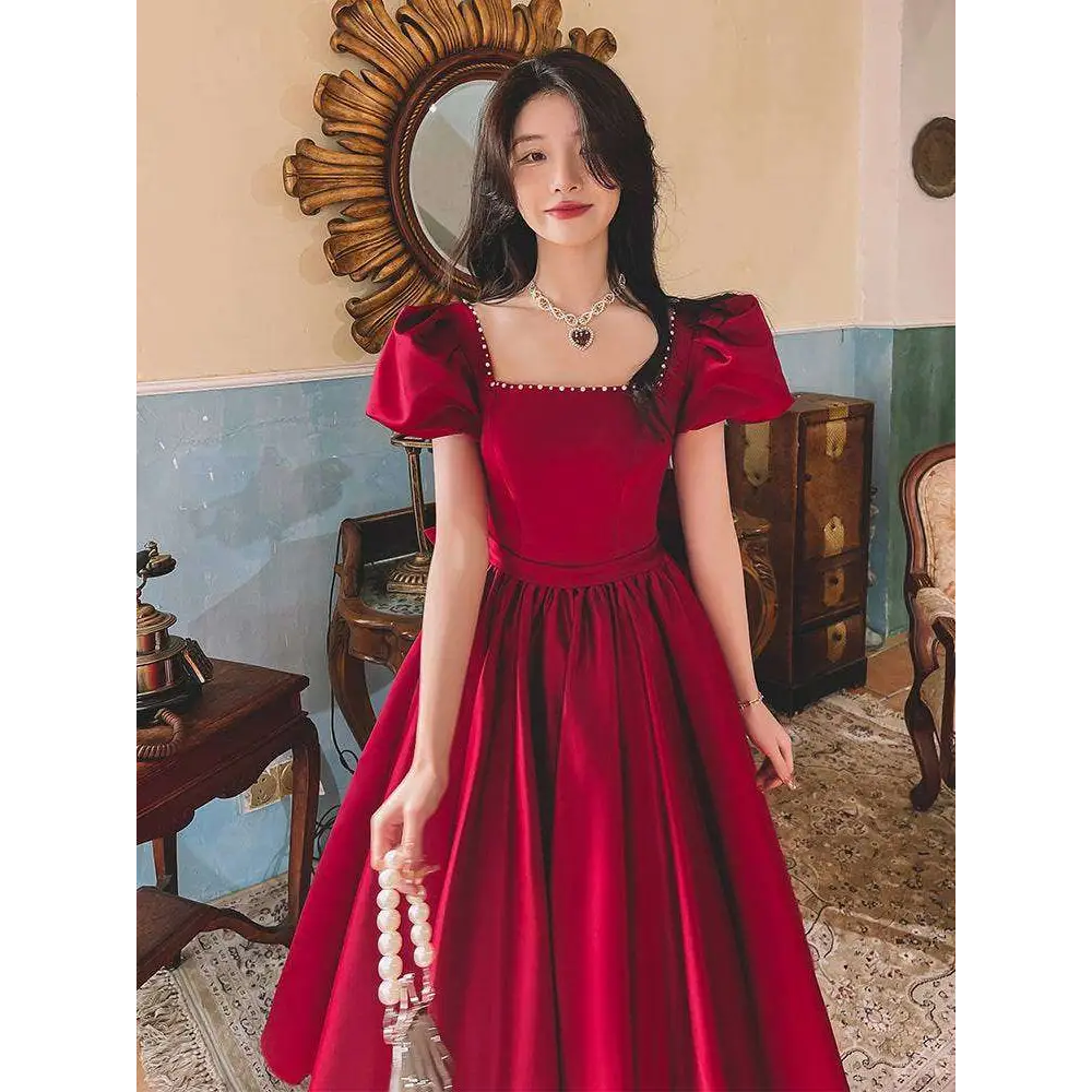 Winter Wine Red Satin Puffed Sleeve Engagement Dress
