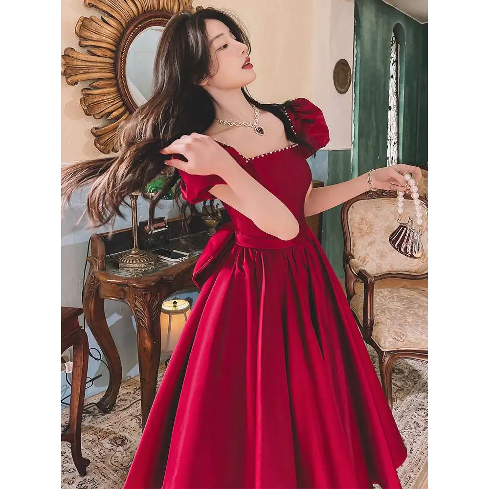 Winter Wine Red Satin Puffed Sleeve Engagement Dress