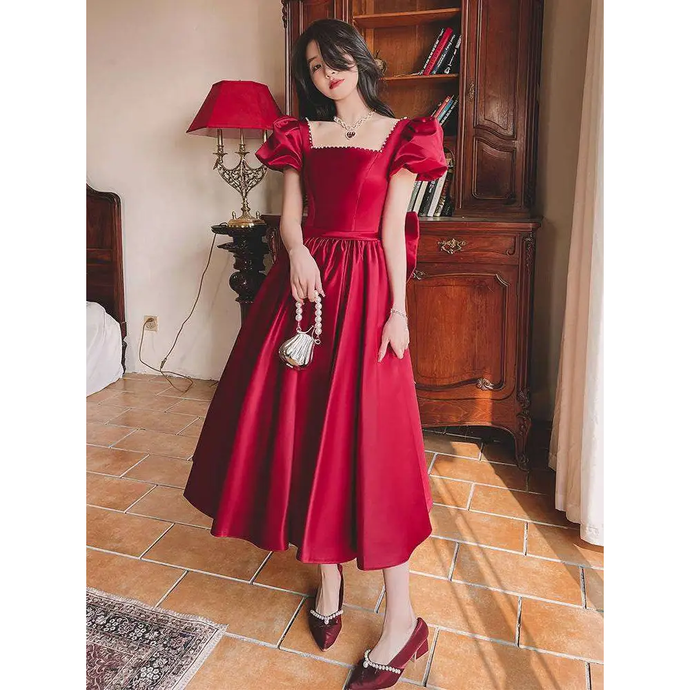 Winter Wine Red Satin Puffed Sleeve Engagement Dress