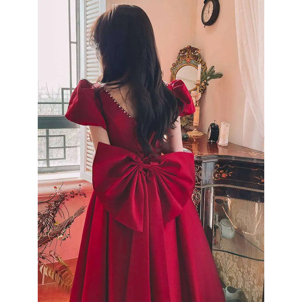 Winter Wine Red Satin Puffed Sleeve Engagement Dress