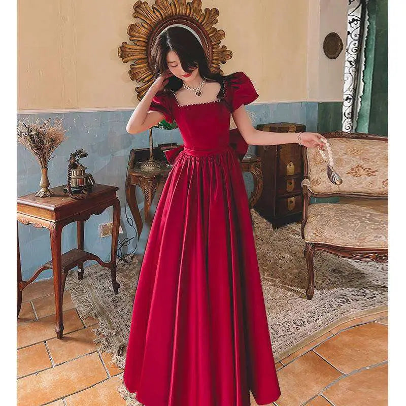Winter Wine Red Satin Puffed Sleeve Engagement Dress