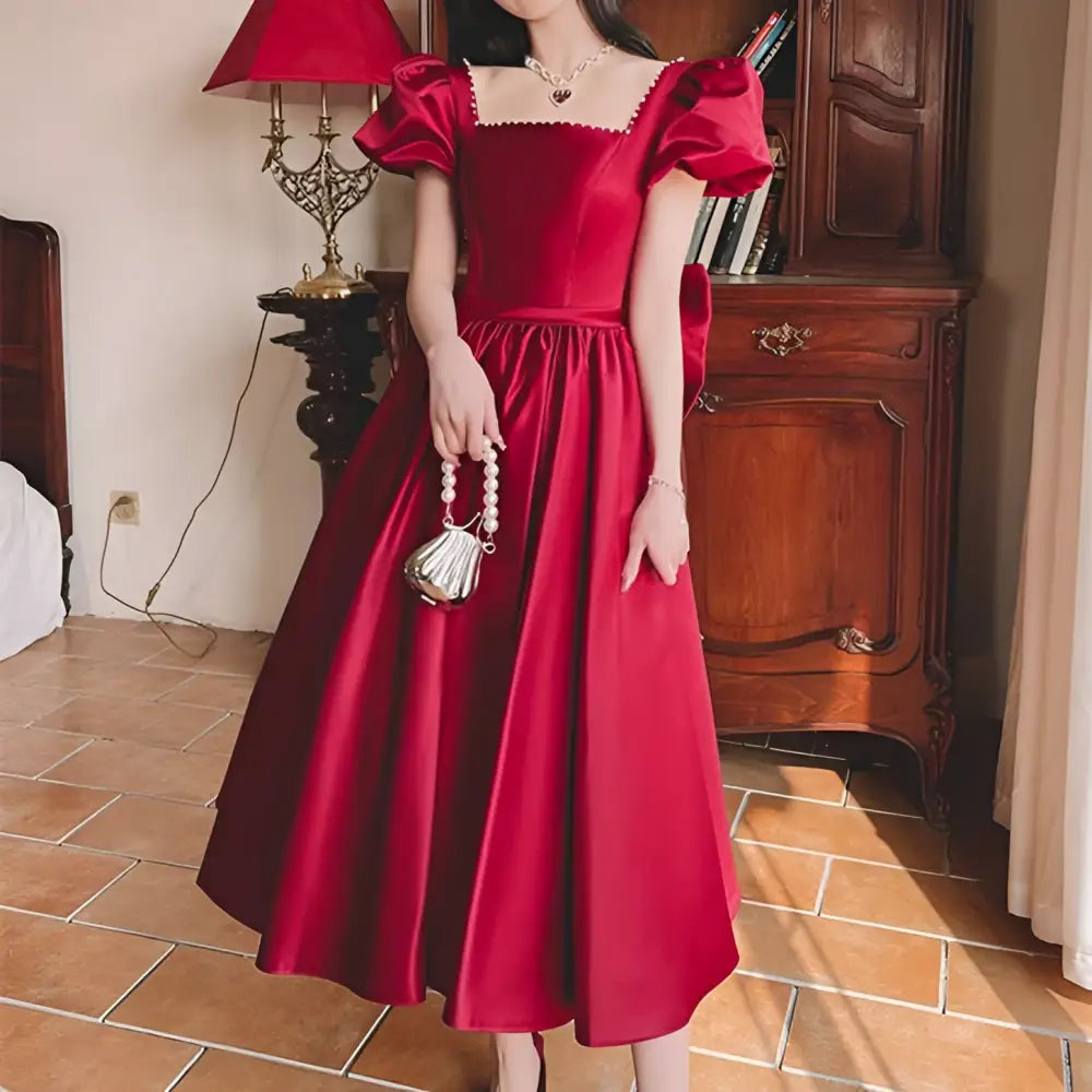 Winter Wine Red Satin Puffed Sleeve Engagement Dress