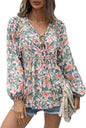 Women's Casual Boho Floral Print V Neck Long Sleeve Top