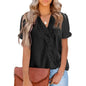 Women's Casual Lace Pom Pom V Neck Chiffon Short Sleeve Top