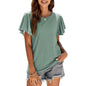 Womens Casual T-Shirts Summer Crew Neck Ruffle Sleeve Tees Tunic Tops