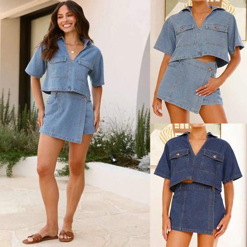 Women's Irregular Denim Short Pantskirt Suit