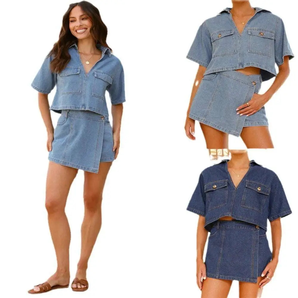 Women's Irregular Denim Short Pantskirt Suit