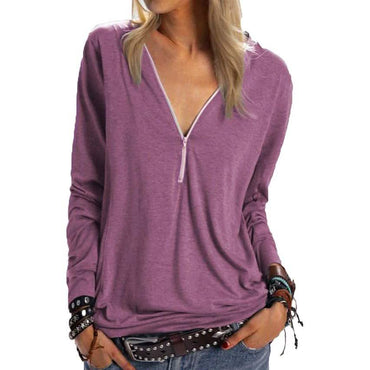 Women's Long Sleeve Zipper Quarter Zip V Neck Casual Top