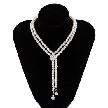 Women's Elegant Multi-Layered Faux Pearl Necklace, Boho Tassel Pendant, Dual-Strand Jewelry