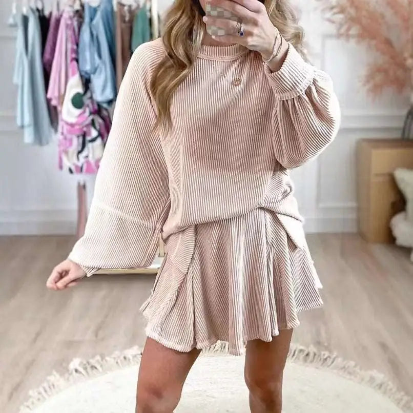 Women’s Solid Colour Ribbed Knit Casual Suit