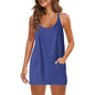 Womens Summer Sleeveless Mini Dress V Neck Spaghetti Strap with Pockets