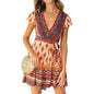 Women's Summer Wrap V Neck Bohemian Floral Print Mini Dress