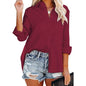 Women's V Neck Satin Embossed Roll Up Cuff Button Shirt Top