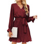 Womens Wrap V Neck Pleated Long Sleeve Mini Dresses