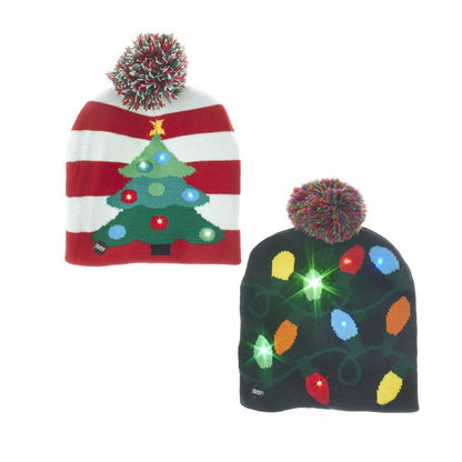 Battery-Operated Knit Hat with LED - Christmas Tree