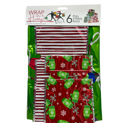 Wrap In A Hurry Pull String Gift Bag 6 piece Festive Assortment