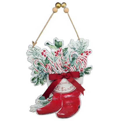 Metal Santa Boots with Bow - 10" Decor