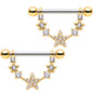 9/16 Clear CZ Gem Gold Tone Star Dangle Barbell Nipple Ring Set