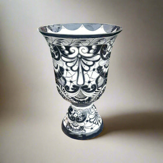 Extra Large Black Talavera Planter | Hand-Painted Pedestal Flower Pot