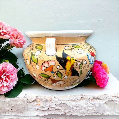 Extra Large Talavera Flower Pot | White & Tan Floral Design