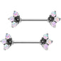 9/16 White Faux Opal Three Petal Flower Barbell Nipple Ring Set