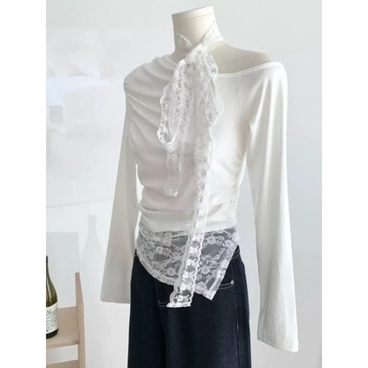 Lace Patchwork Off-Shoulder Top – Y2K Elegant Long Sleeve