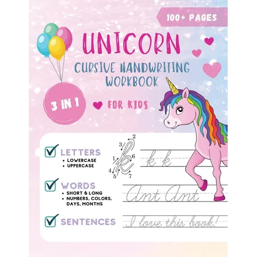 Unicorn Cursive Handwriting Workbook for Kids: Cursive Handwriting Practice Book for Kids Grade 1-5 3 in 1 Learning Cursive Handwriting Workbook for G - Paperback