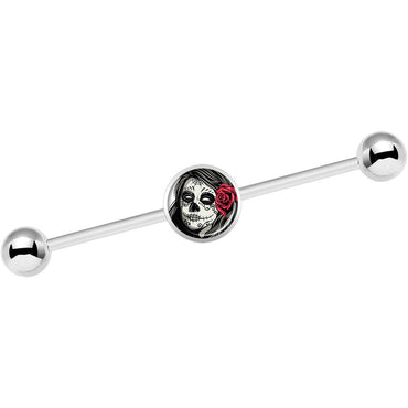 14G Katrina Sugar Skull with Rose Flower Industrial Barbell 37mm