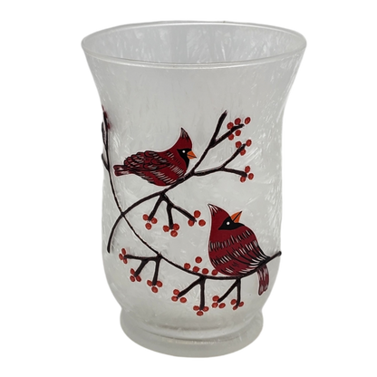 Frosted Glass Cardinal Design Hurricane Candle Holder