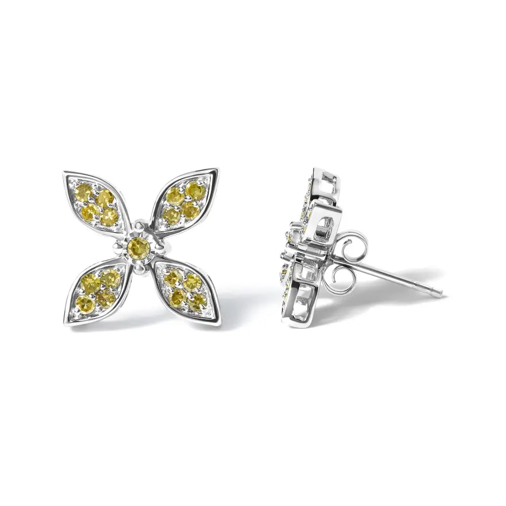 Yellow Diamond Floral Stud Earrings in Rhodium-Plated Sterling Silver – Treated