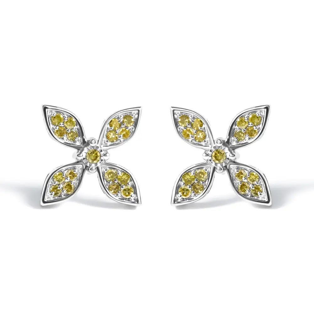 Yellow Diamond Floral Stud Earrings in Rhodium-Plated Sterling Silver – Treated