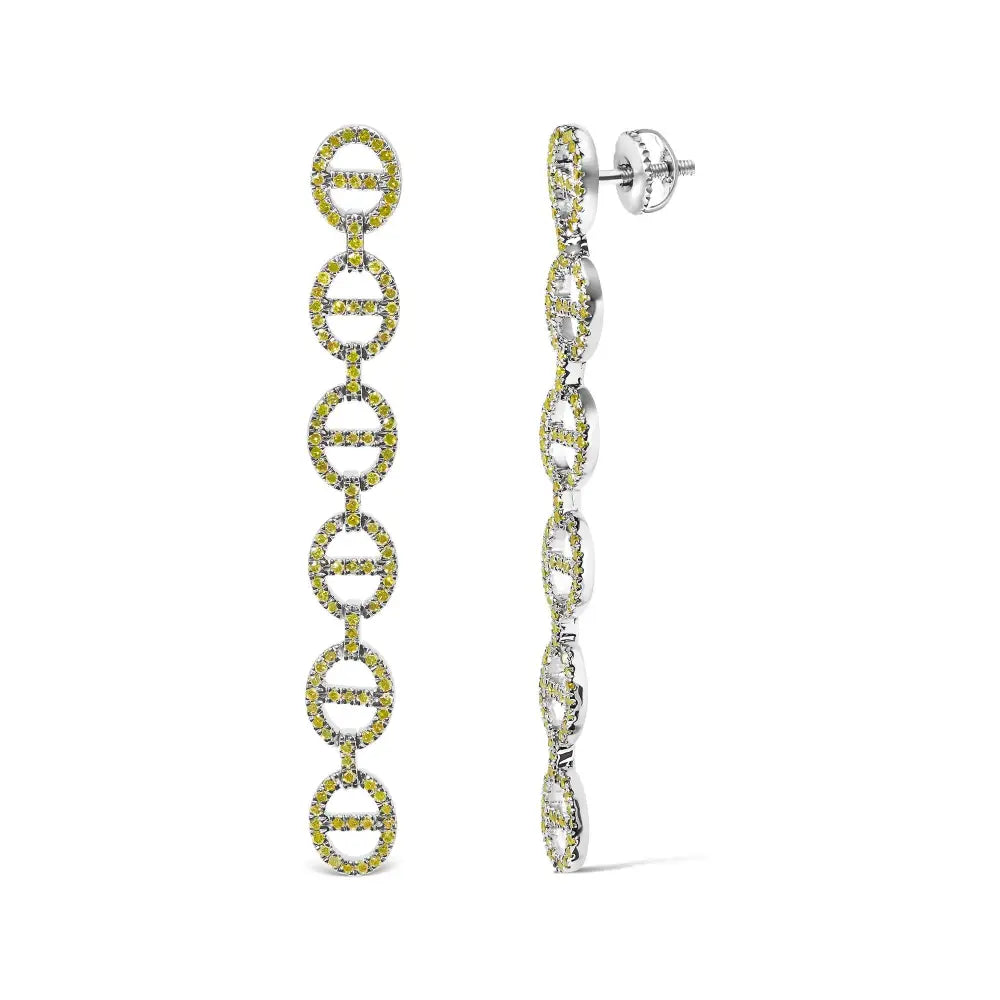 Yellow Diamond Linked Circle Drop Earrings in Sterling Silver – 1.0 Cttw