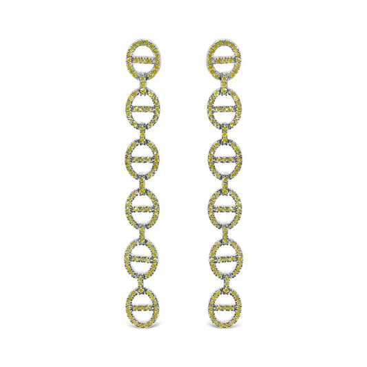 Yellow Diamond Linked Circle Drop Earrings in Sterling Silver – 1.0 Cttw