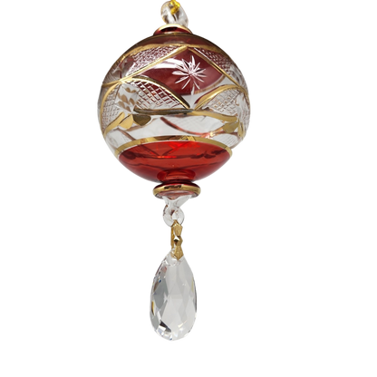 Etched Blown Glass Ball with Crystal Dangle - Red